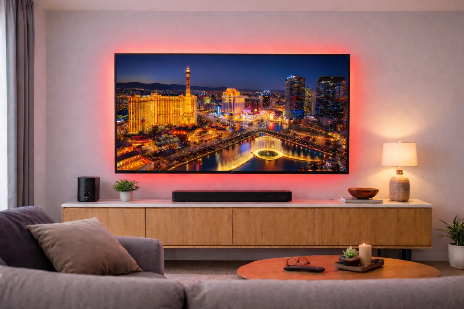 Wall-mounted TV showing the Las Vegas Strip in a finished living room